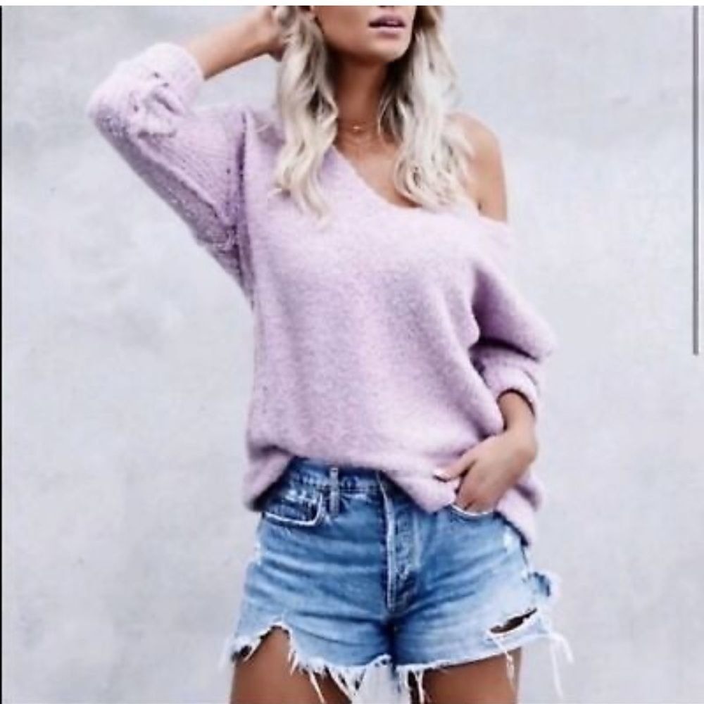 Free People Icing V-Neck Sweater Lavender Purple Boucle‎ Alpaca Blend XS (1171)